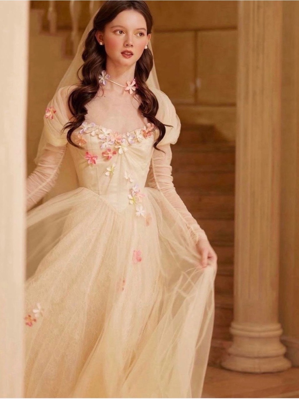 Lacemade Ivory Floral Applique Tulle Wedding Dress with Puff Shoulders